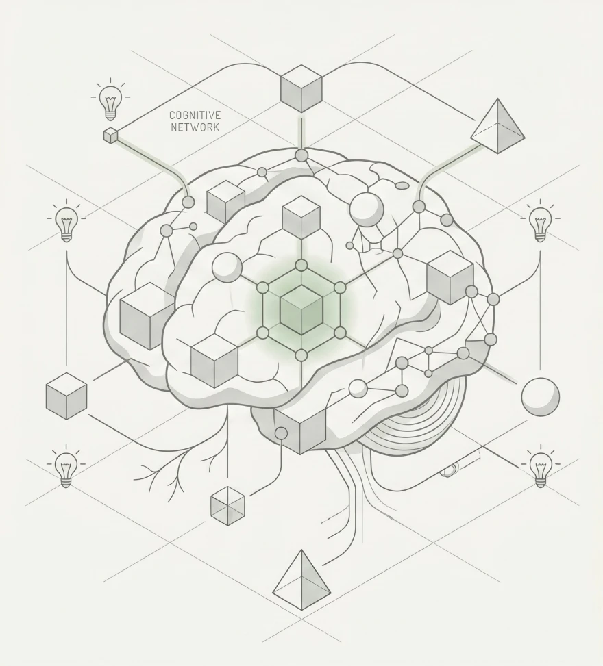Line illustration of a brain as a cognitive network